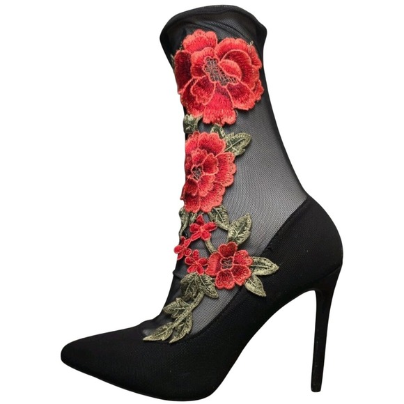 Liliana Rose Embroidered Mesh Sock Booties Women's 8.5 Stiletto Heels Black Red - Picture 1 of 14
